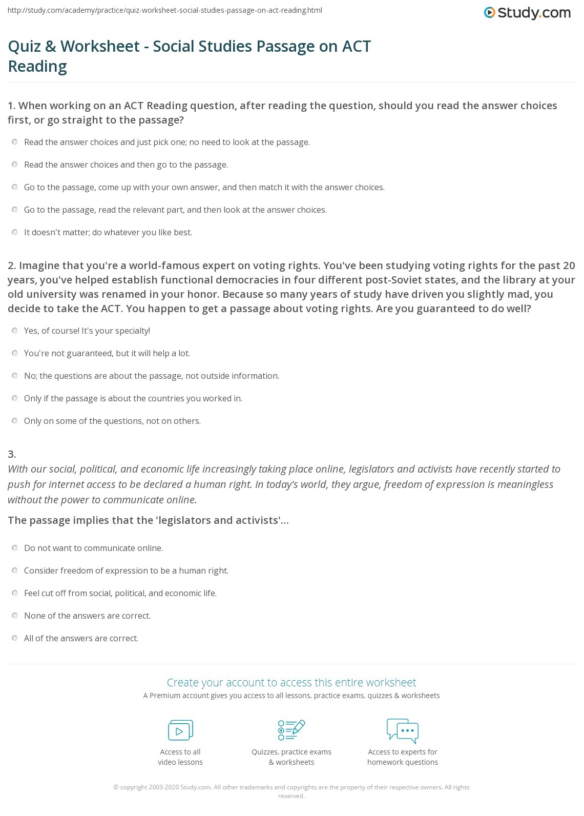 Act Reading Comprehension Practice Worksheets