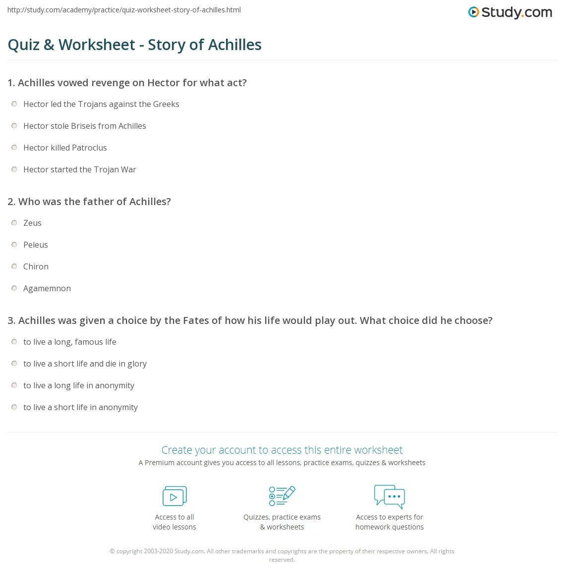 Quiz U0026 Worksheet Story Of Achilles Study