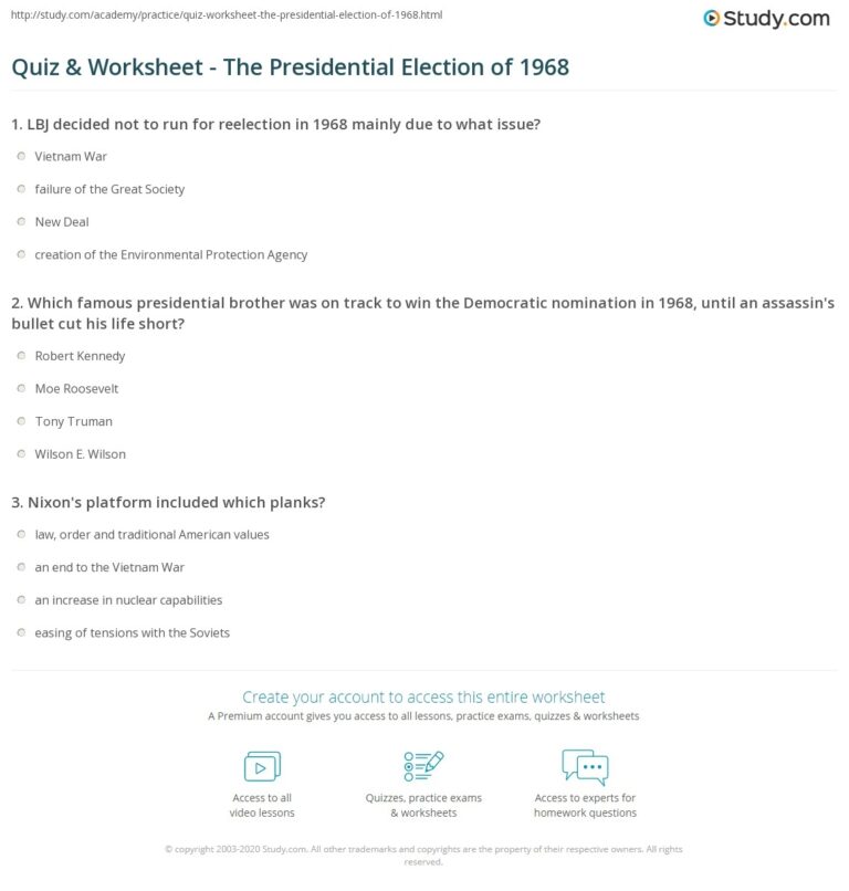 Quiz U0026 Worksheet The Presidential Election Of 1968 Study