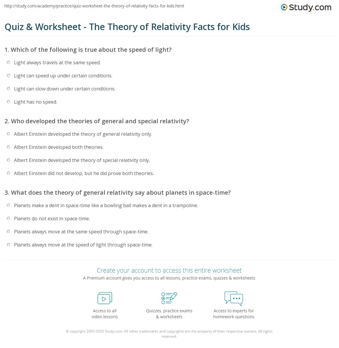 Quiz U0026 Worksheet The Theory Of Relativity Facts For Kids Study