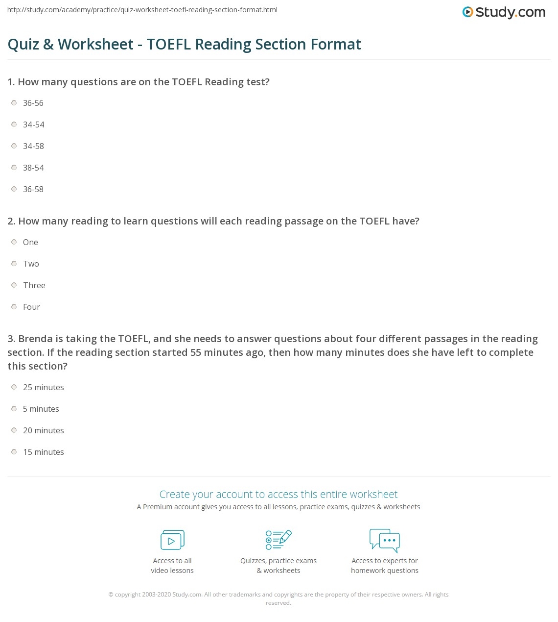 Quiz U0026 Worksheet TOEFL Reading Section Format Study 