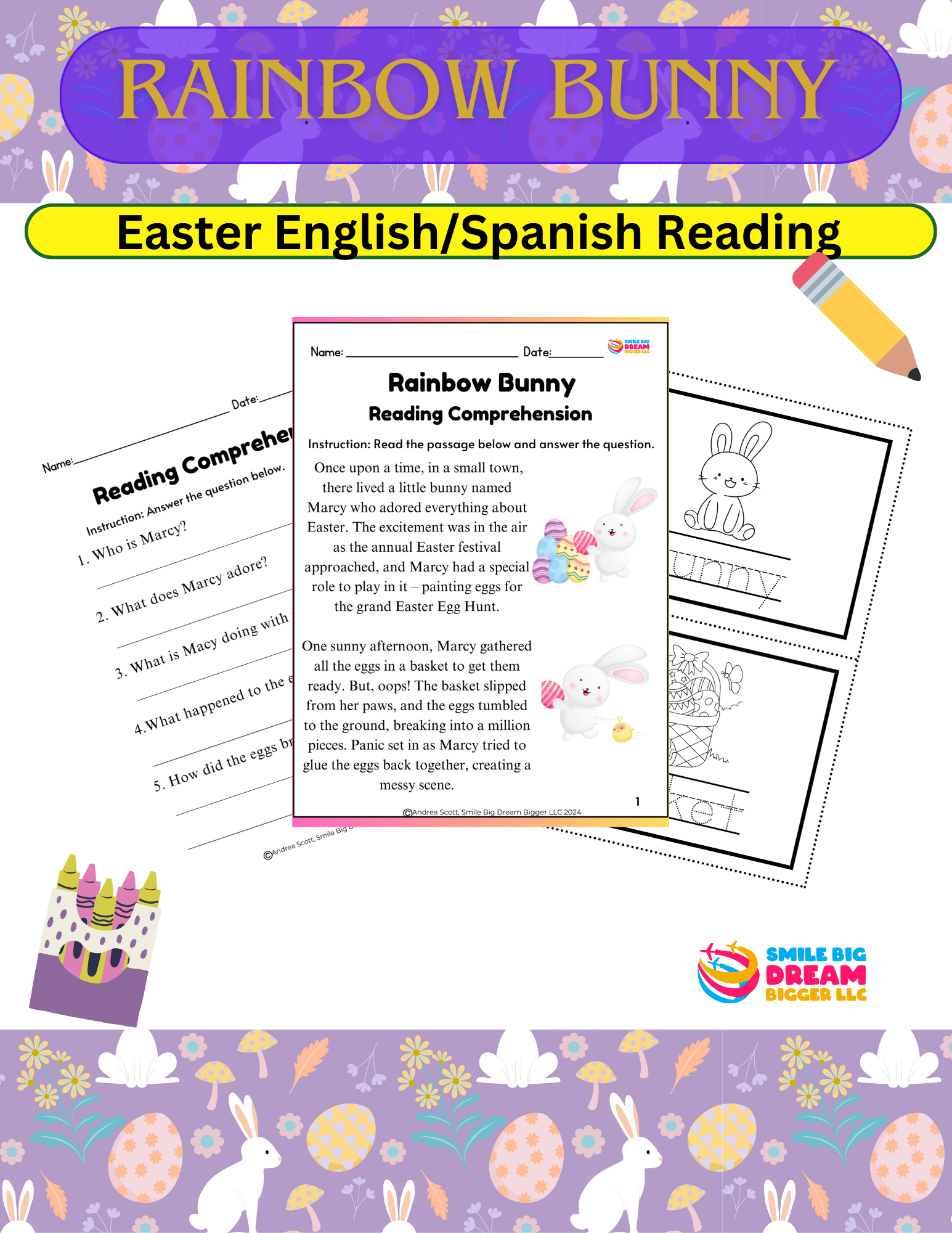 Rainbow Bunny Bilingual English Spanish Easter Reading Comprehension Reading Comprehension Questions Vocabulary Coloring Classful