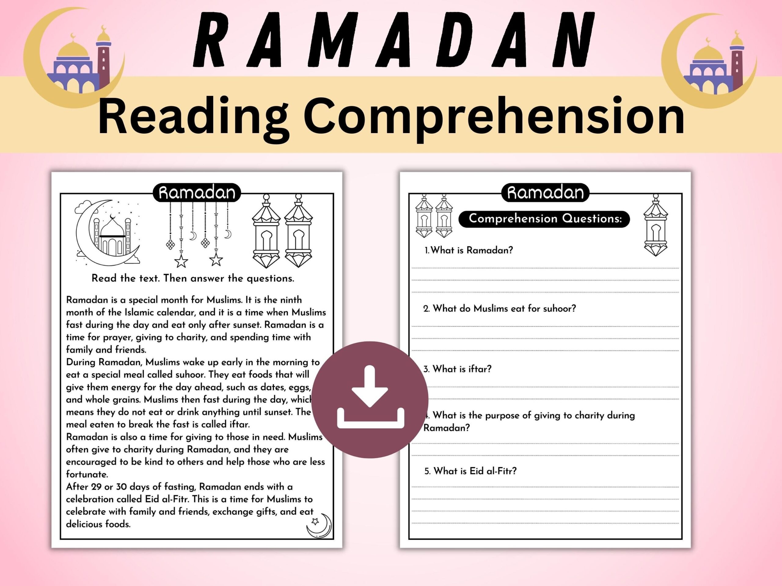 Ramadan Mubarak Reading Comprehension Passage Printable Ramadan And Eid Activity Ramadan Vocabulary Worksheets Instant Download Etsy