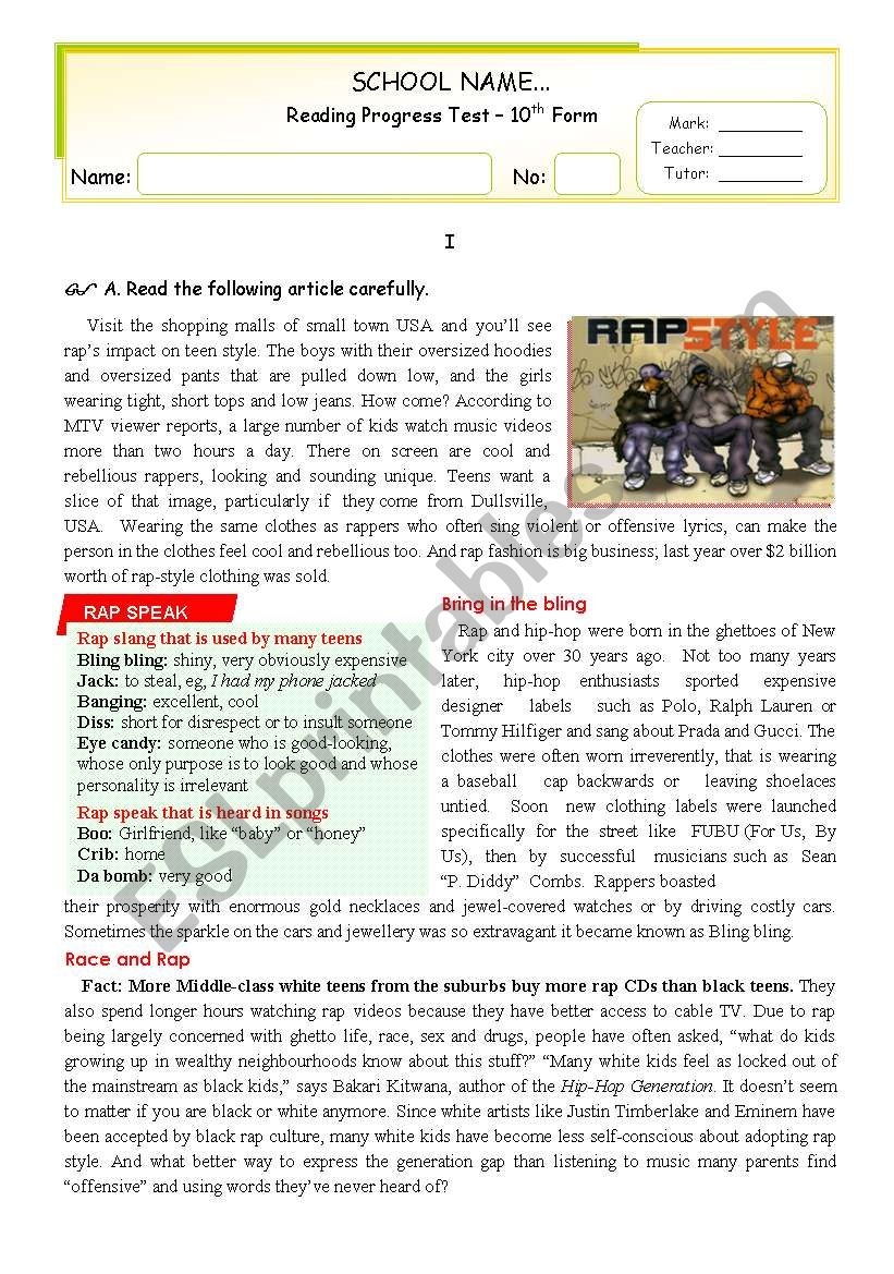 RAP STYLE Reading Comprehension Test ESL Worksheet By Mena22