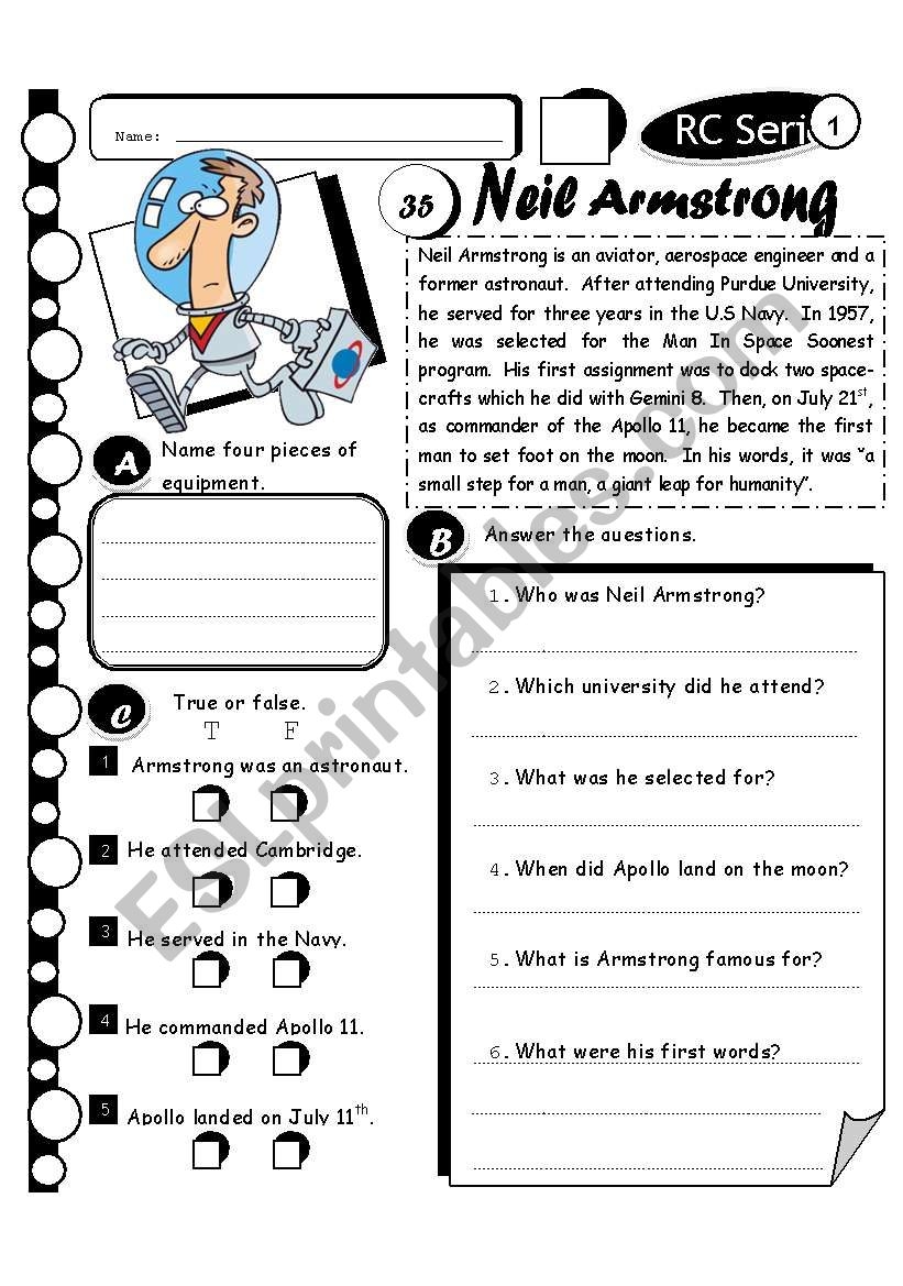 RC Series Level 1 Neil Armstrong Fully Editable Answer Key ESL Worksheet By Melahel7