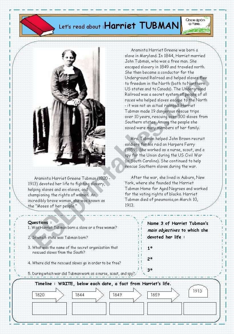 Harriet Tubman Reading Comprehension Worksheet