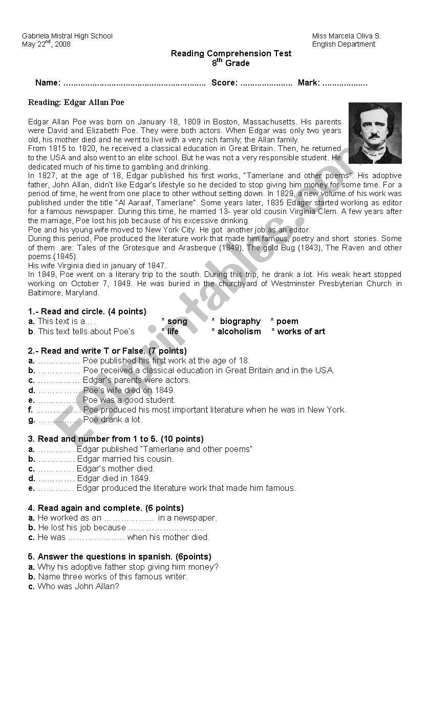Reading A Biography ESL Worksheet By Marceoliva