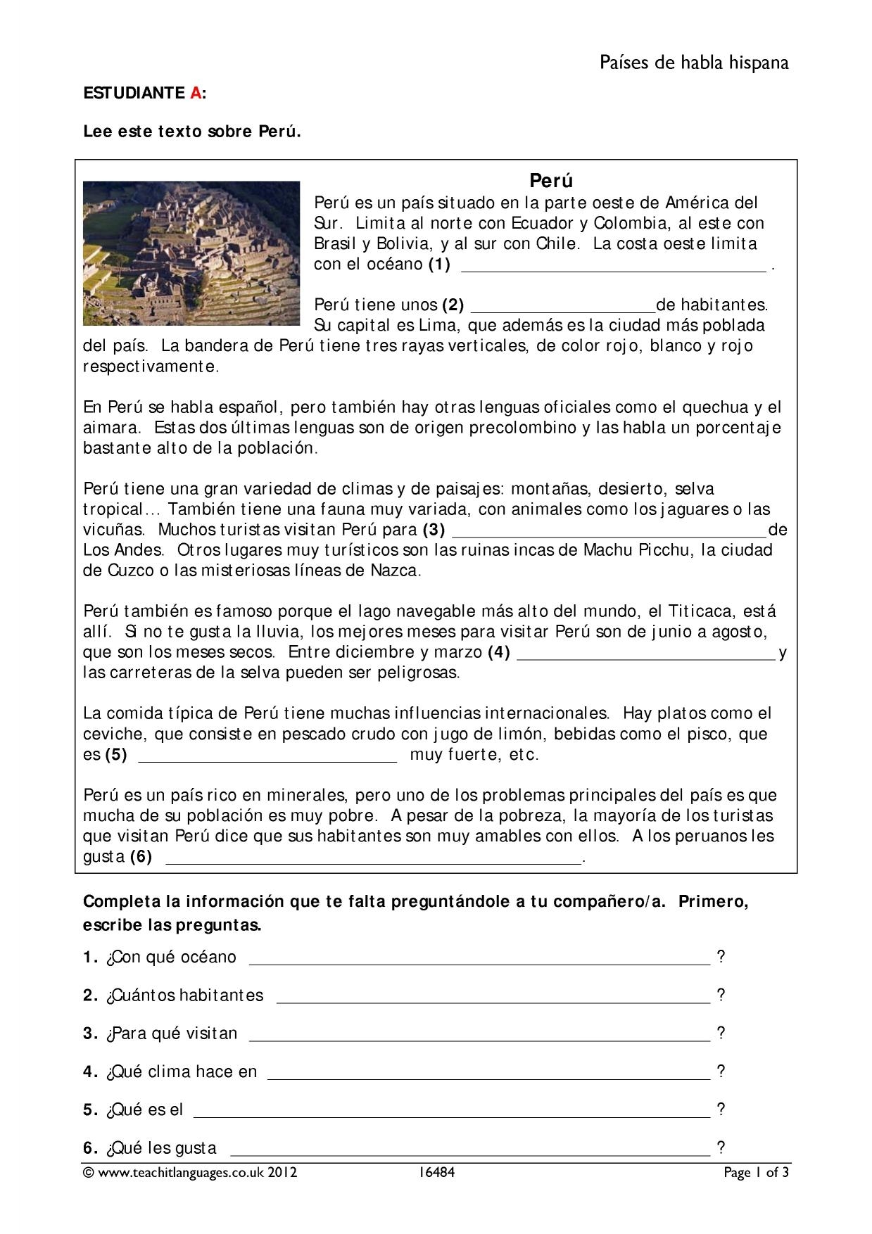 Reading And Speaking Worksheet America Latina KS4 5 Spanish Teaching Resource Teachit