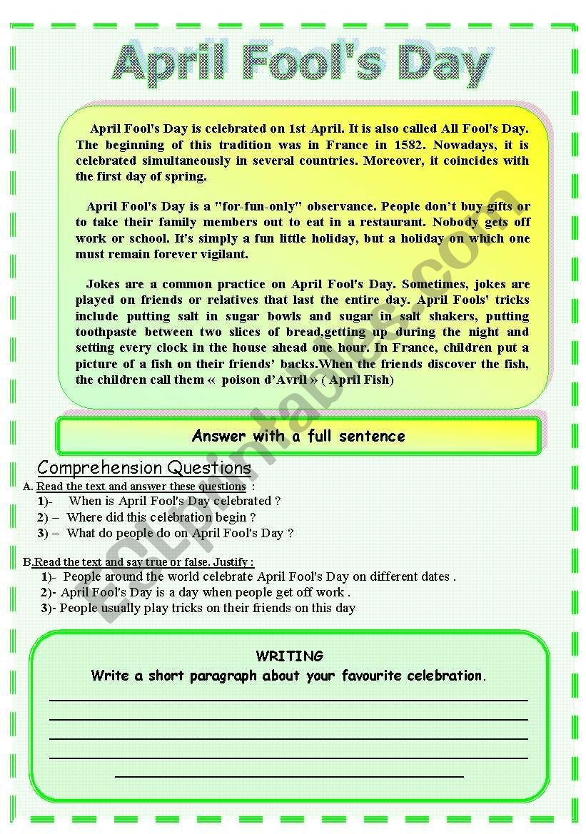 Reading April Fool s Day ESL Worksheet By Sruggy