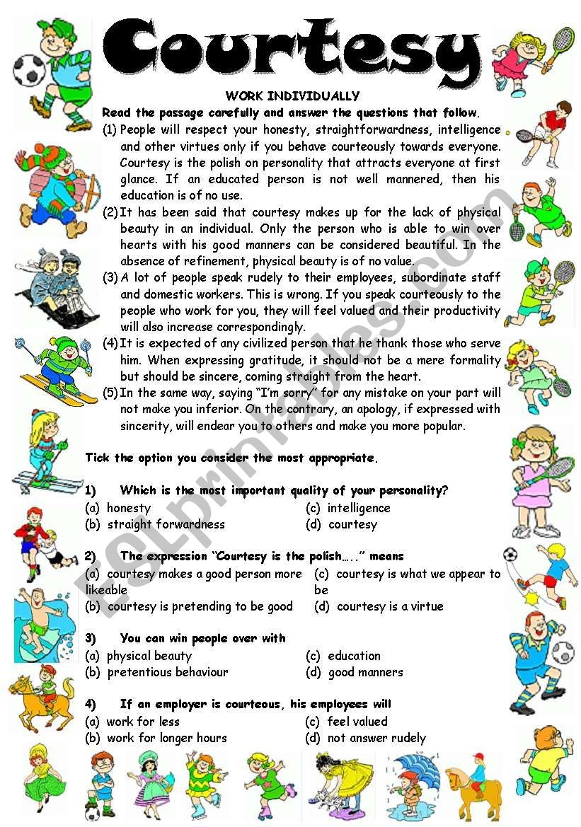 Reading Comprehension 1 COURTESY 3 Pages Editable With Key ESL Worksheet By Vikral