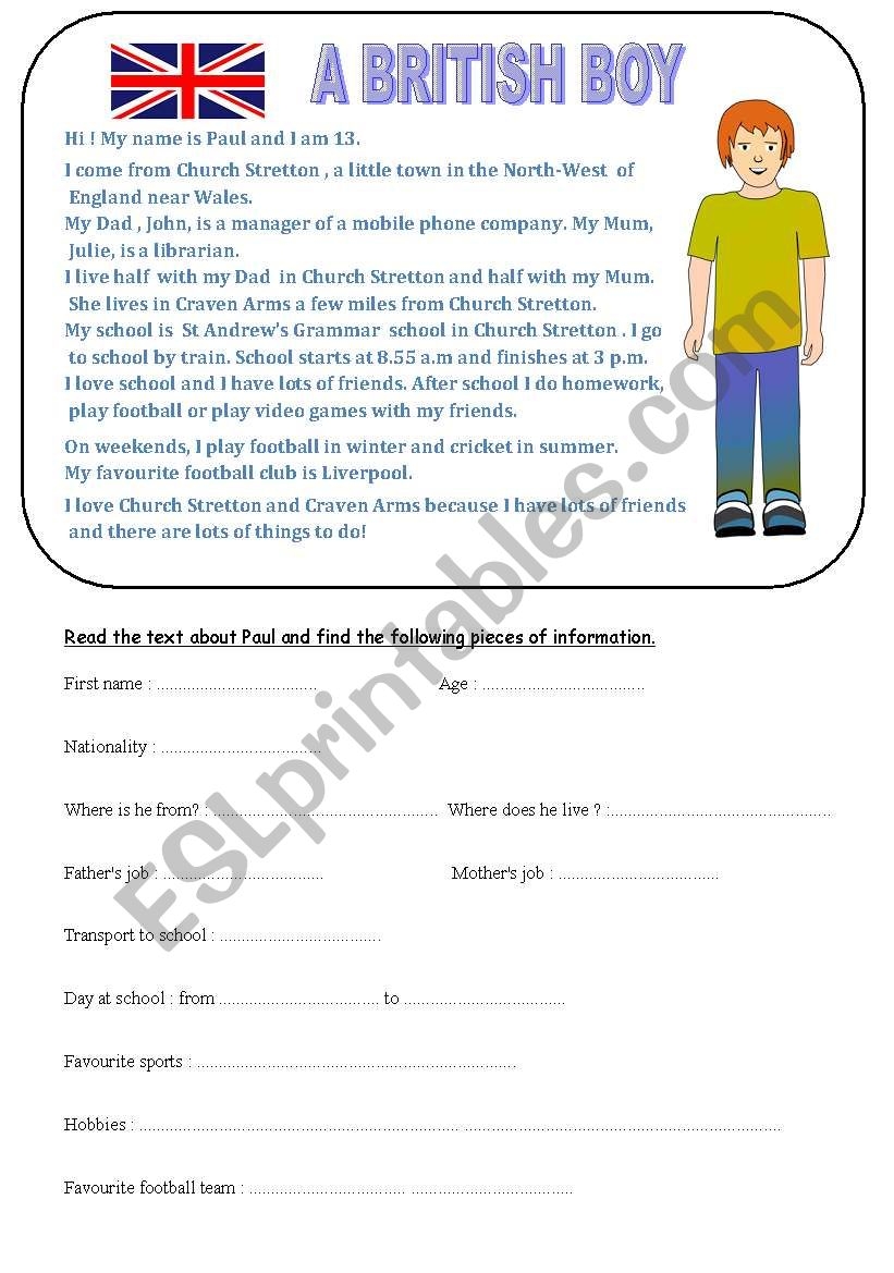 Reading Comprehension A British Boy ESL Worksheet By Faurfab
