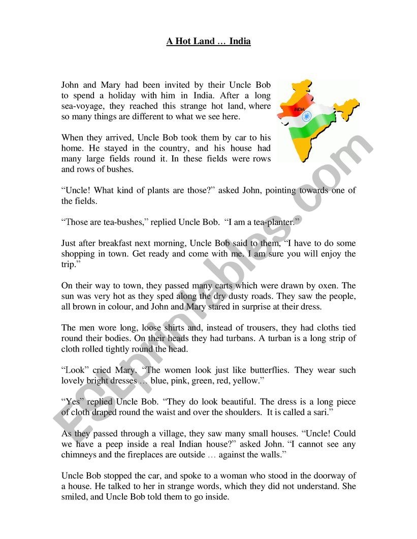 Reading Comprehension A Hot Land India ESL Worksheet By 