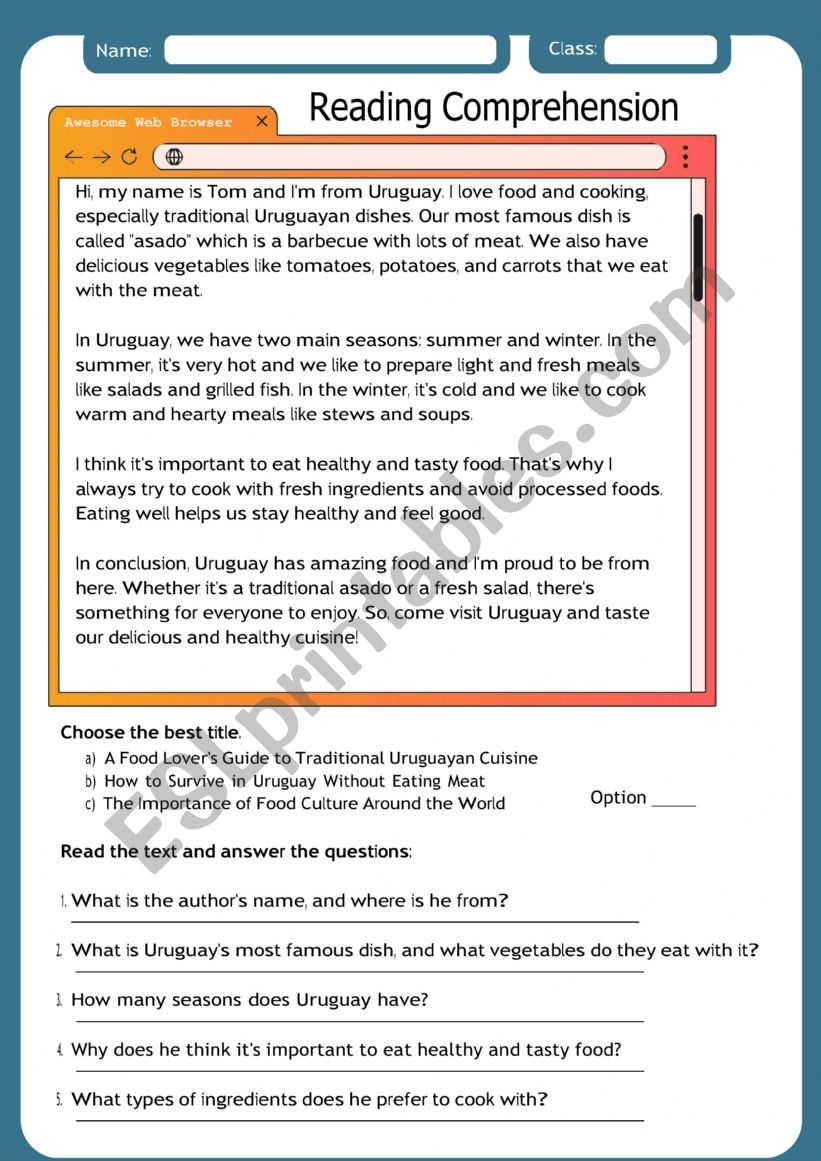 Reading Comprehension About Food ESL Worksheet By Demeter2023