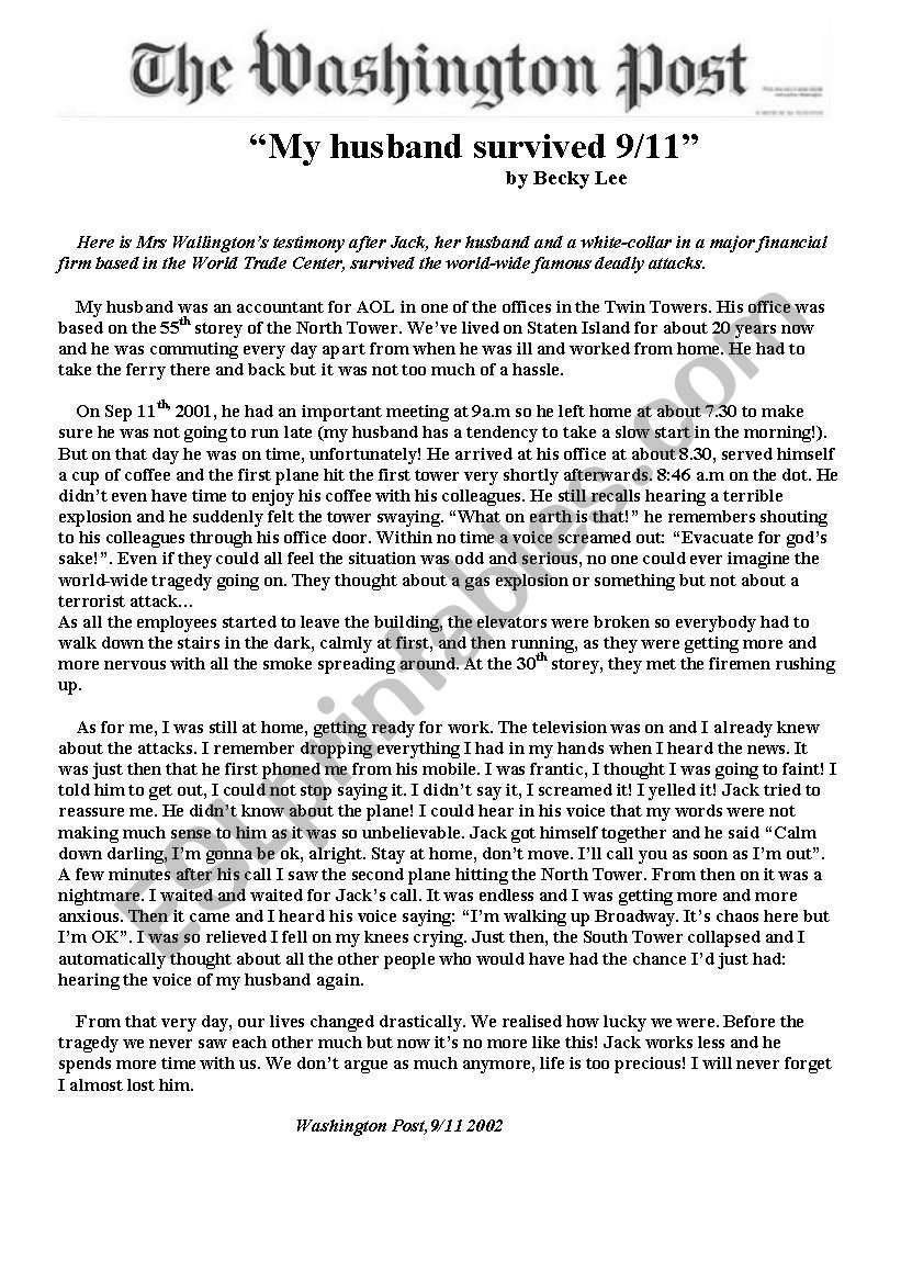 Reading Comprehension About Sep 11th 9 11 ESL Worksheet By Worksheets Library