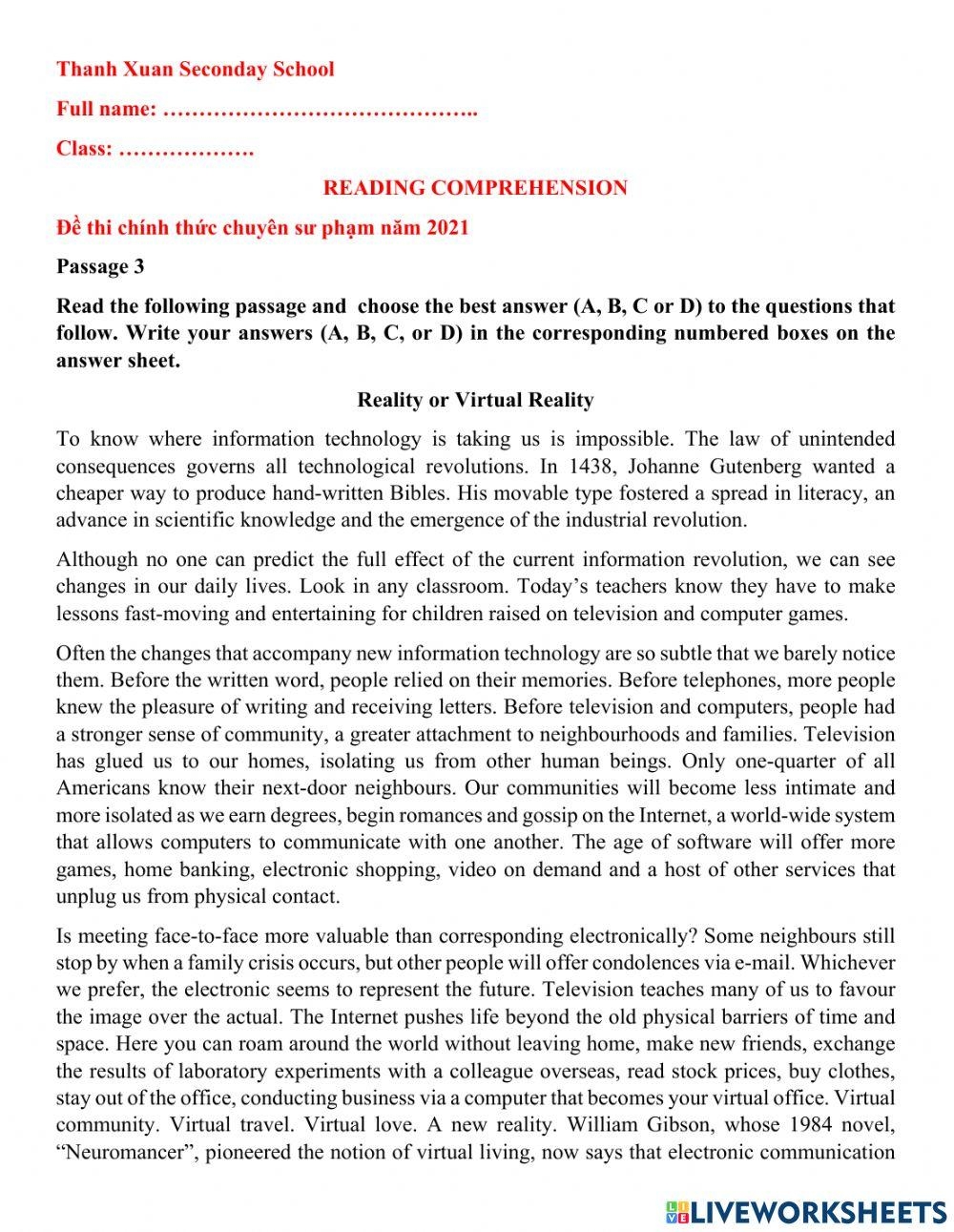 Reading Comprehension Advanced Worksheet Live Worksheets Worksheets Library