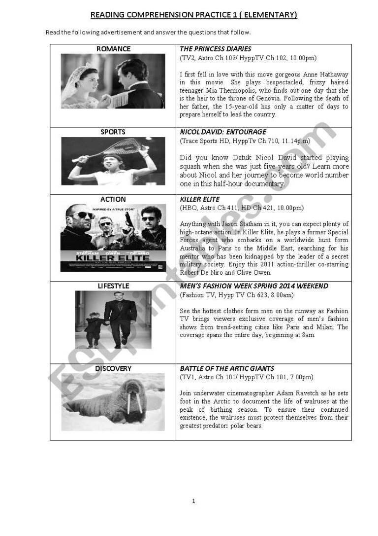 READING COMPREHENSION AND INFORMATION TRANSFER PRACTICE ESL 