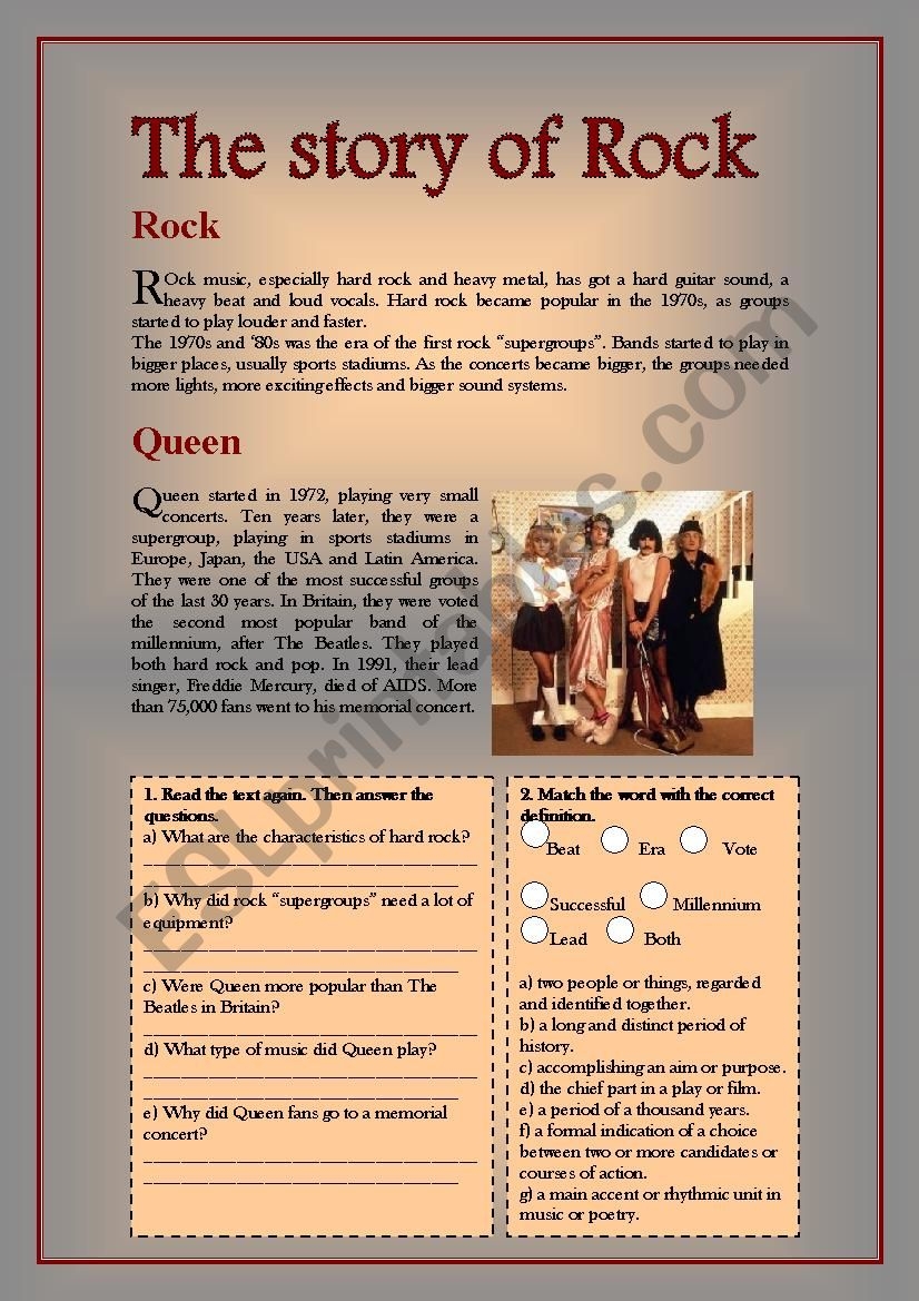 Reading Comprehension And Listening About Rock And Queen ESL 