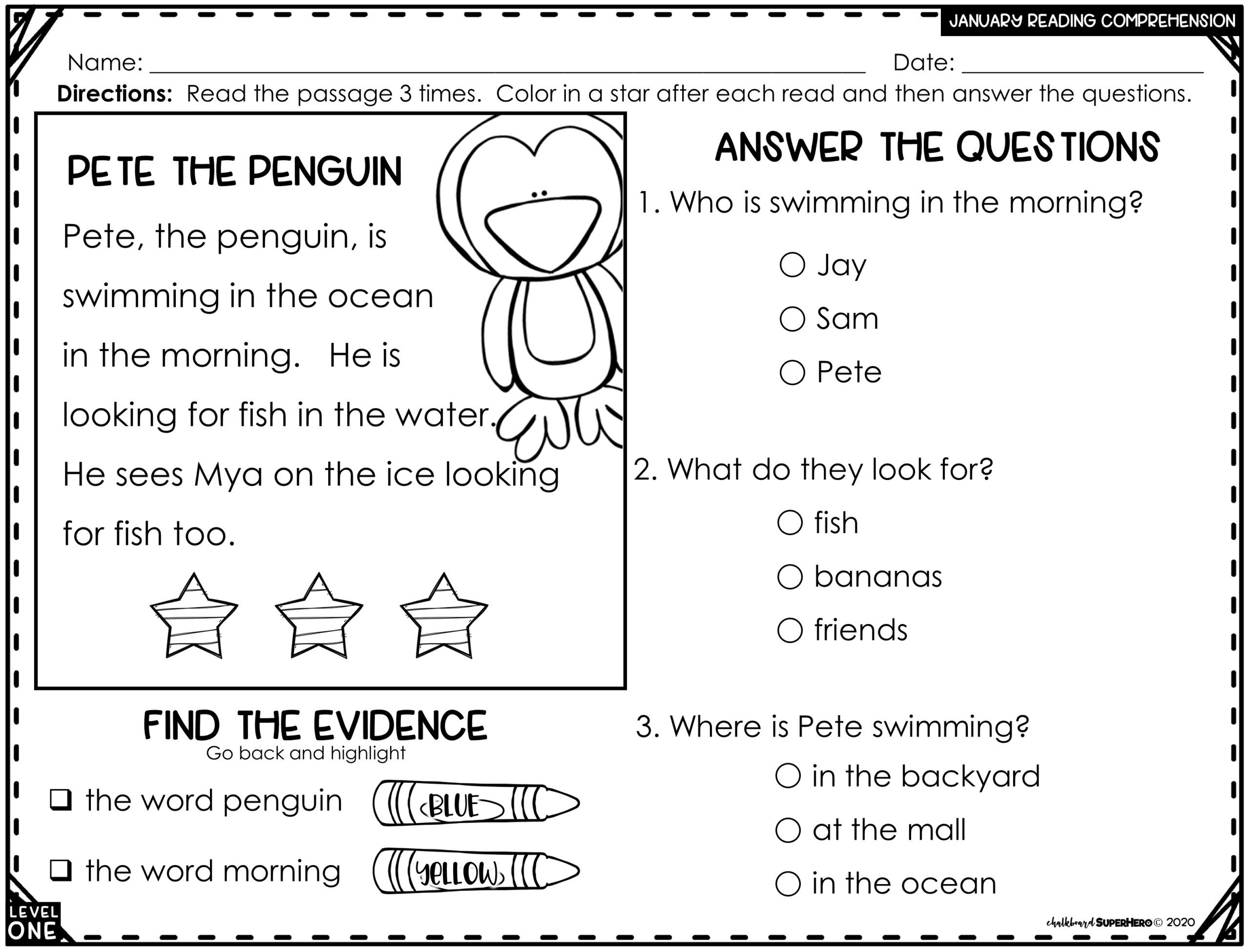 Reading Comprehension Answering WH Questions JANUARY 3 LEVELS Chalkboard Superhero