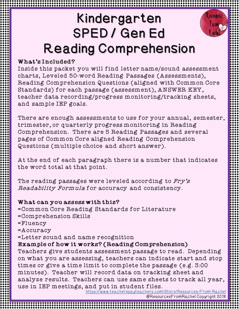 Reading Comprehension Assessments Kindergarten Volume 2 Classful