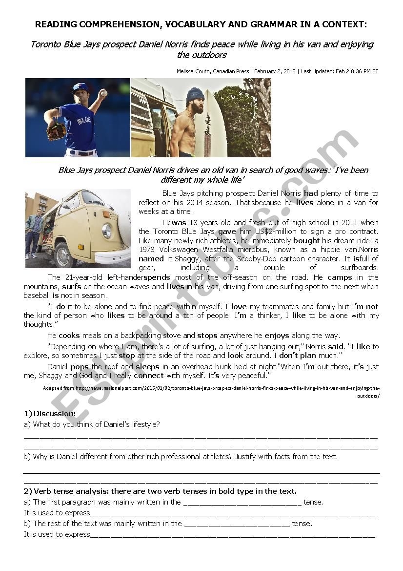 Reading Comprehension Baseball Player Living Off The Grid ESL Worksheet By Profemadelon