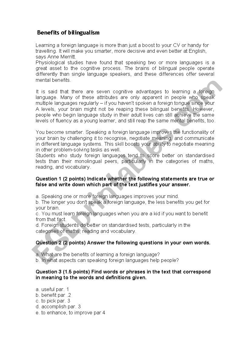 Reading Comprehension Benefits Of Bilingualism ESL Worksheet By Mcgonzalezc01