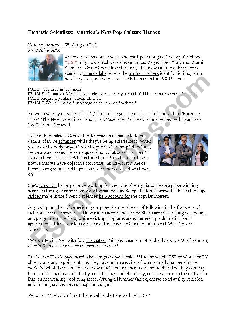 Reading Comprehension CSI Promotes Students Interest In Science ESL Worksheet By Susannista