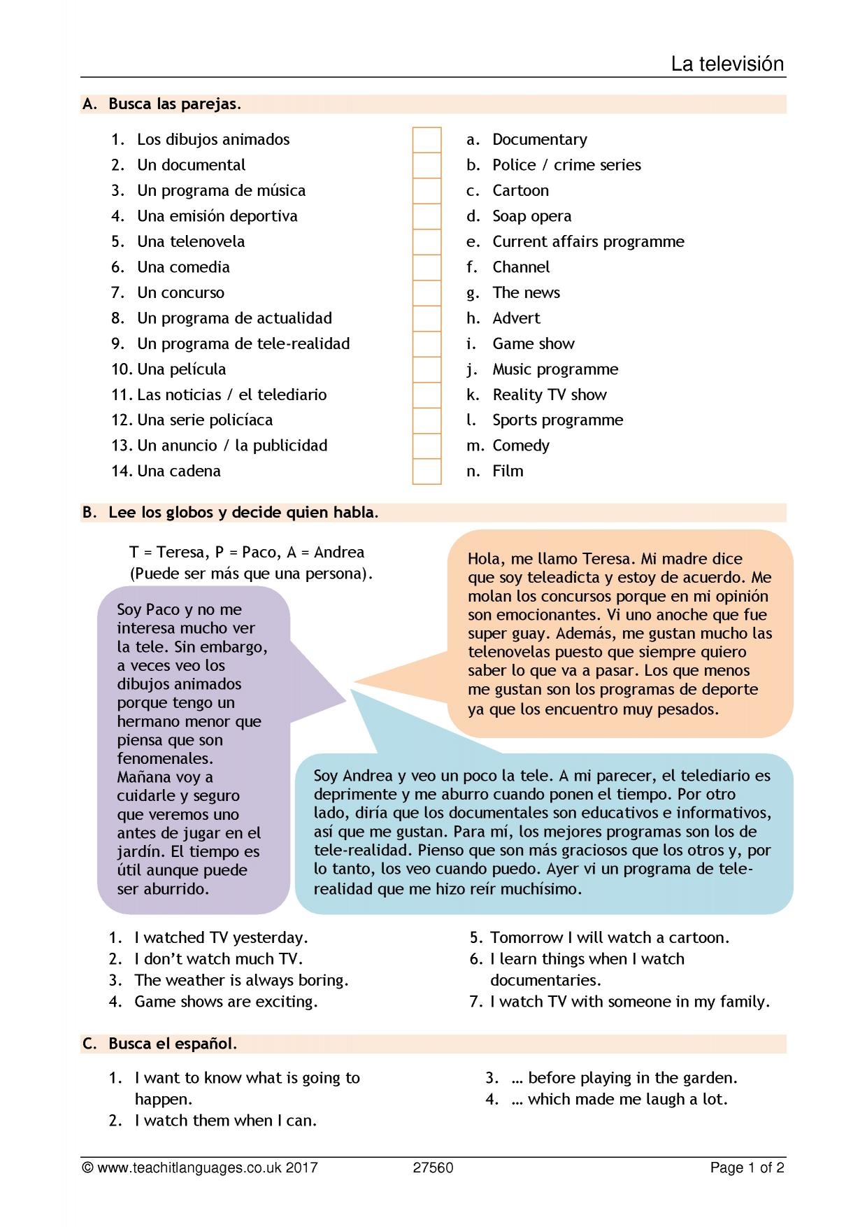 Reading Comprehension Delicate Television KS4 Spanish Teaching