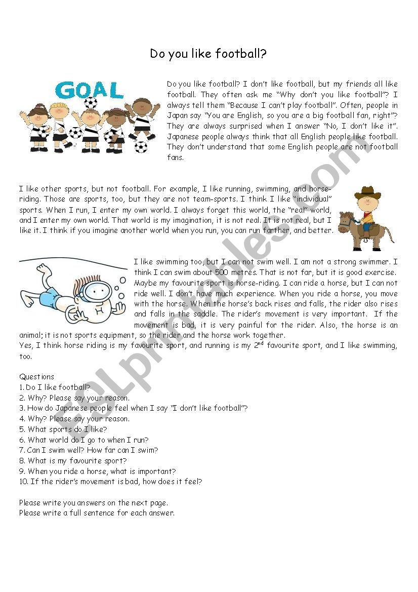 Reading Comprehension Do You Like Football In Present Simple ESL Worksheet By Matthew ELSP