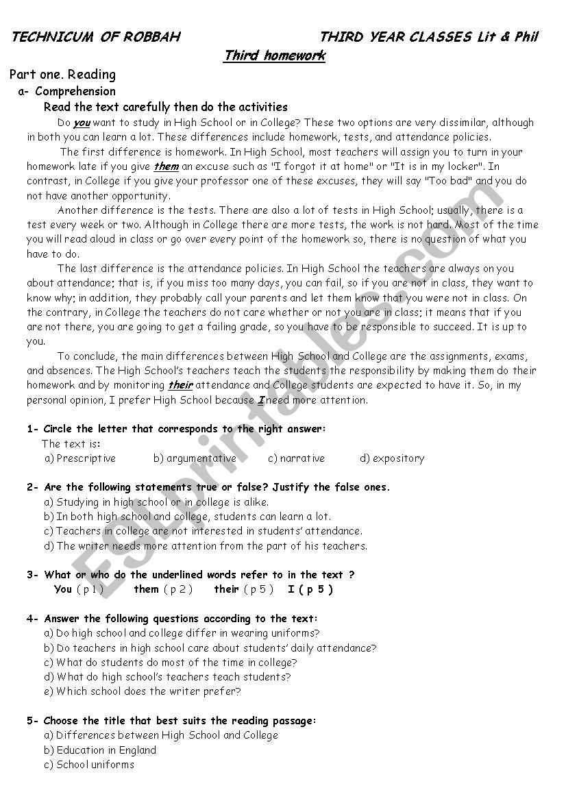 Reading Comprehension Worksheets College