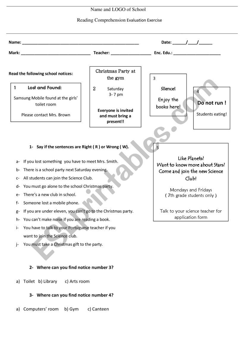 Reading Comprehension Evaluation Exercise On School Notices ESL Worksheet By Graceoli