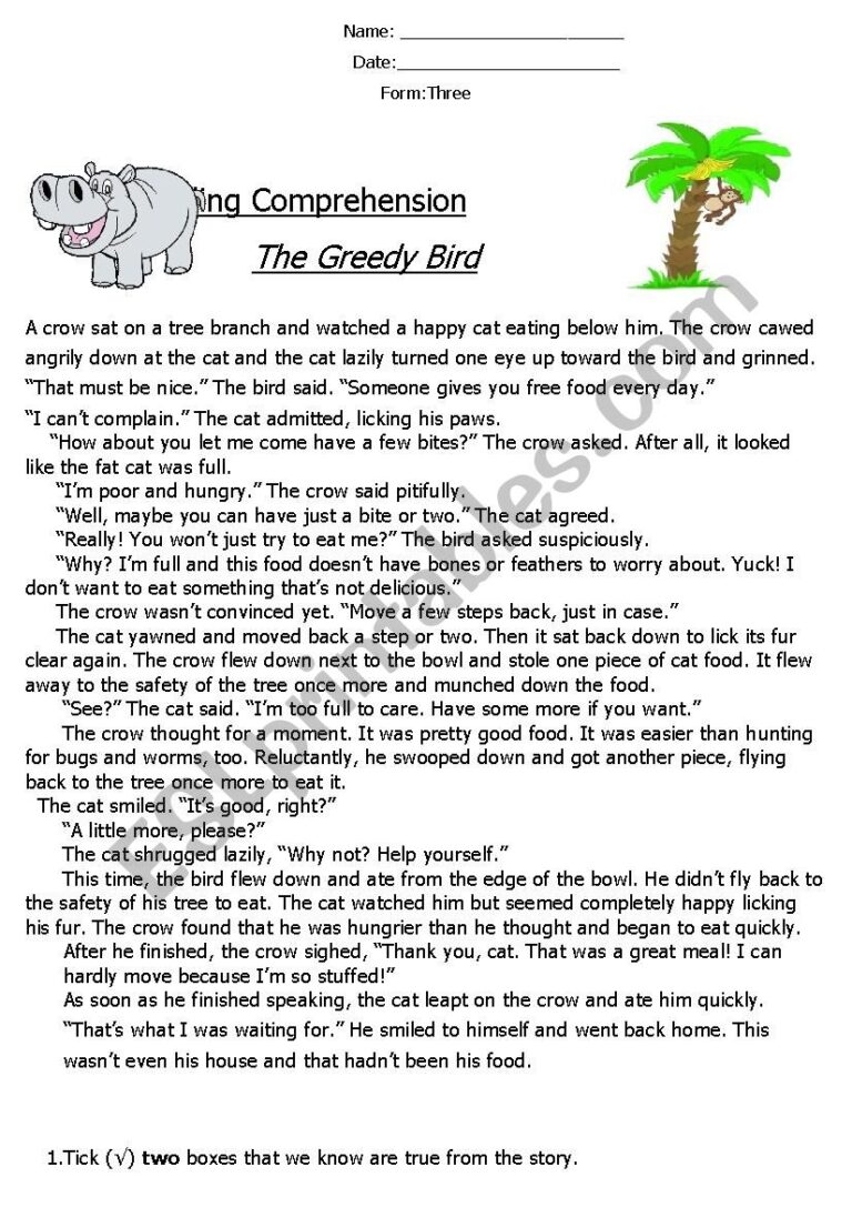 Reading Comprehension Fable The Greedy Bird ESL Worksheet By Eldaowdy