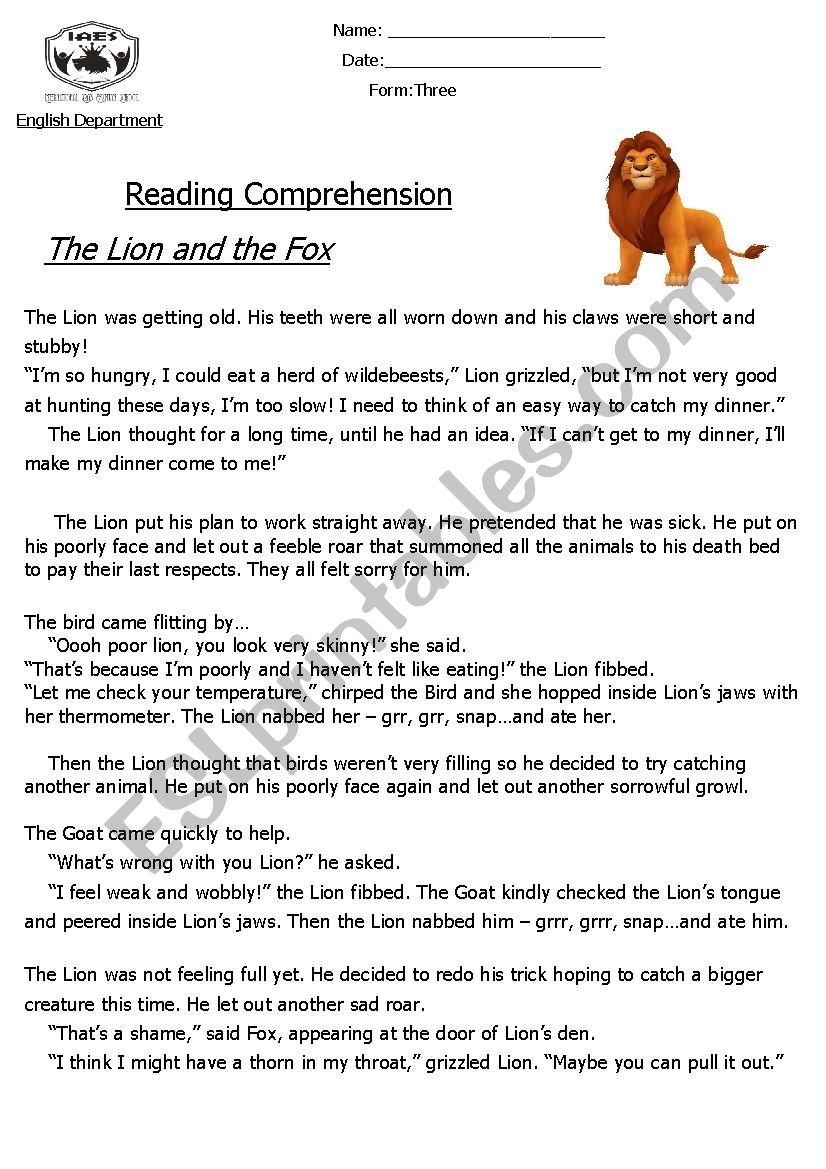 Reading Comprehension Fable The Lion And The Fox ESL Worksheet By Eldaowdy