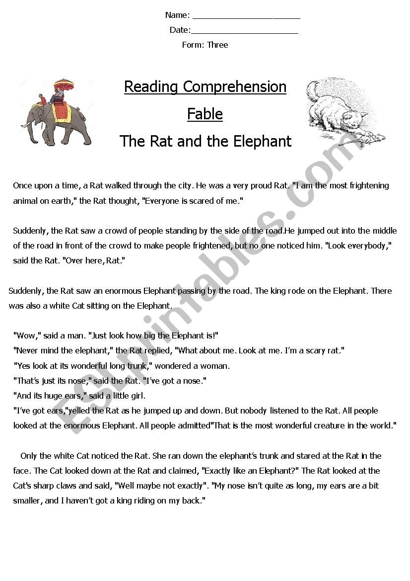 Reading Comprehension Fable The Rat And The Elephant ESL Worksheet By Eldaowdy