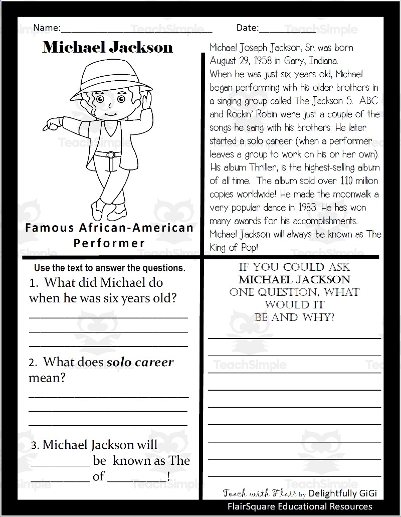 Reading Comprehension For Black History Month Michael Jackson