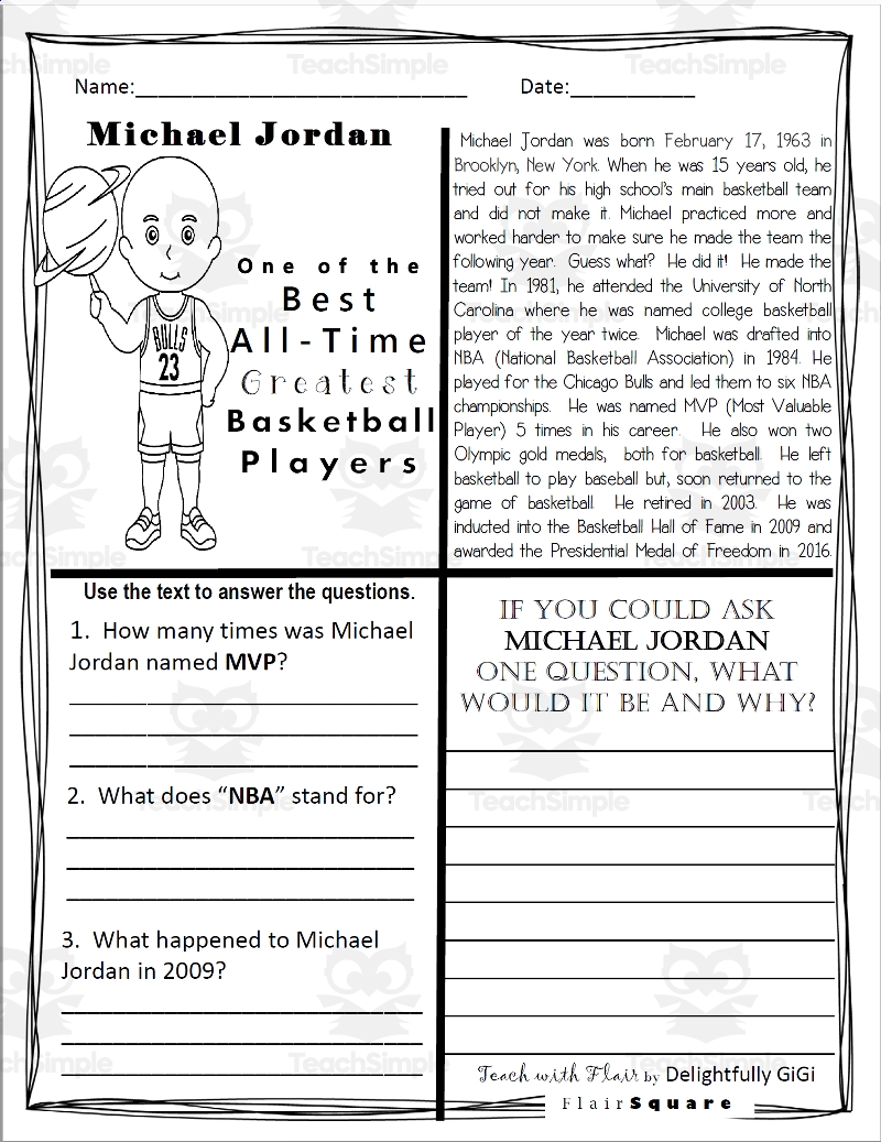 Reading Comprehension For Black History Month Michael Jordan