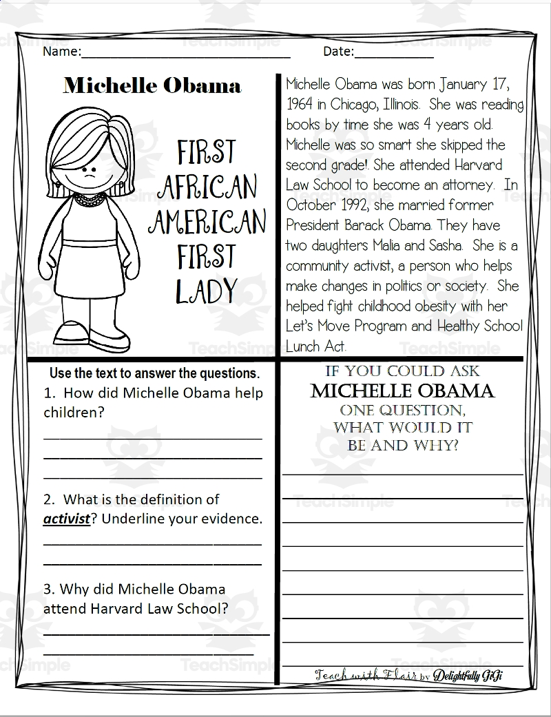 Reading Comprehension For Black History Month Michelle Obama By 