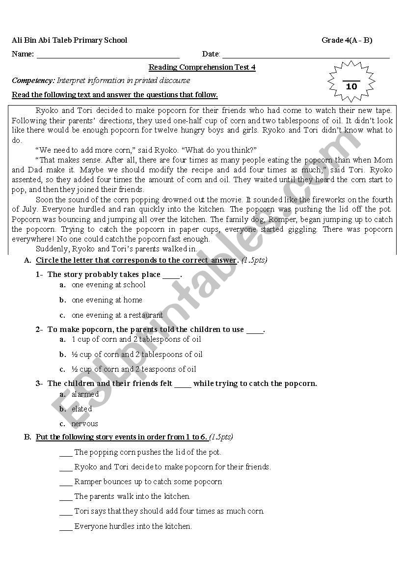 Reading Comprehension For Grade 4 ESL Worksheet By Nanoushka