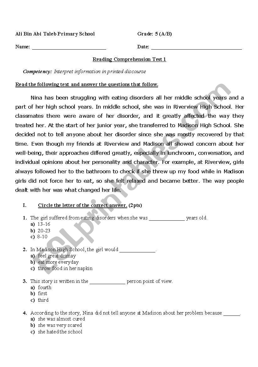 Reading Comprehension For Grade 5 ESL Worksheet By Nanoushka Worksheets Library