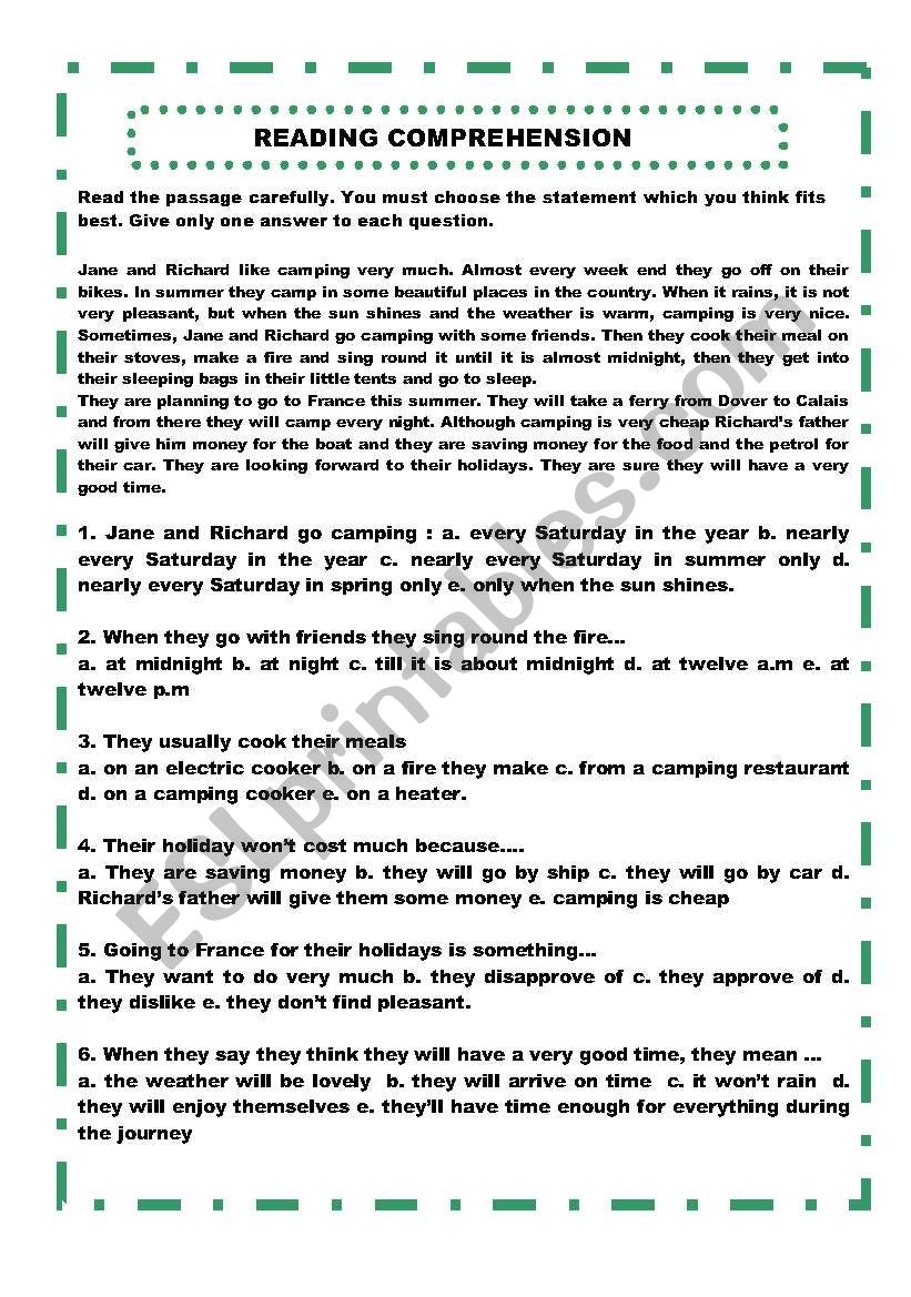 READING COMPREHENSION GO CAMPING ESL Worksheet By Tagoreluz1