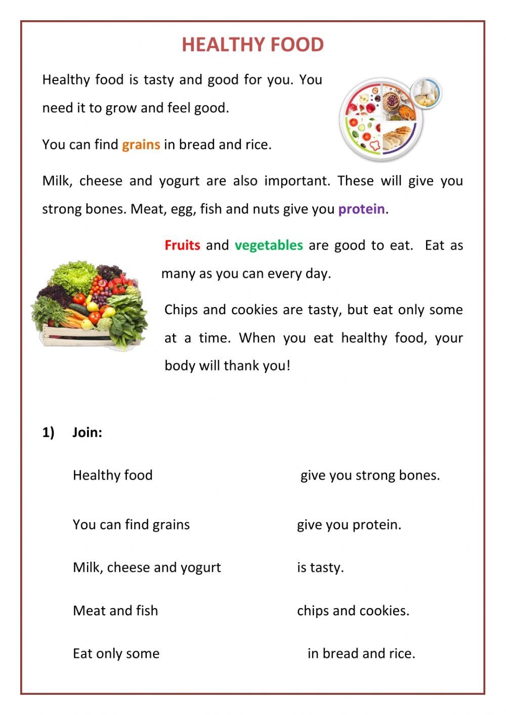 Reading Comprehension Healthy Food Worksheet