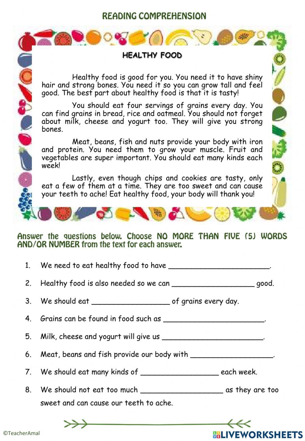 Reading Comprehension Healthy Food Worksheet