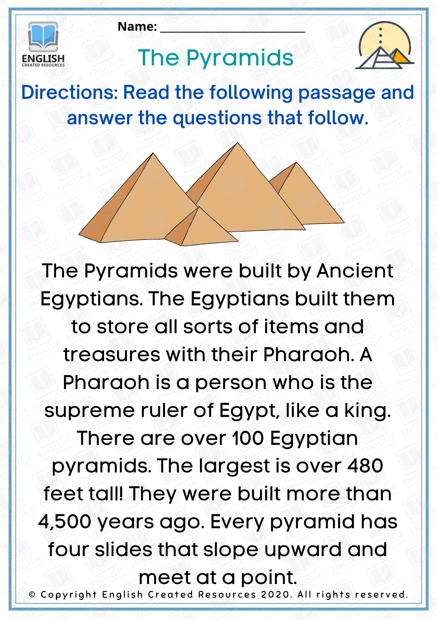 Reading Comprehension History The Pyramids English Created 