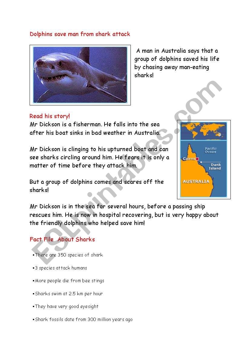 Reading Comprehension In The Simple Present Tense On A Shark Attack ESL Worksheet By Heatherboadle