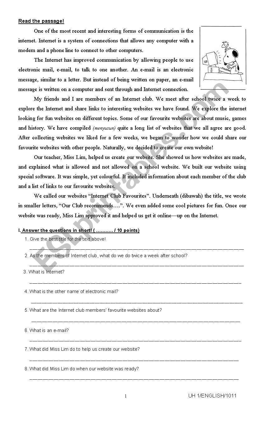 Reading Comprehension Internet In Our Lives Homophones Conjunction And Vocabulary Test ESL Worksheet By Bibip