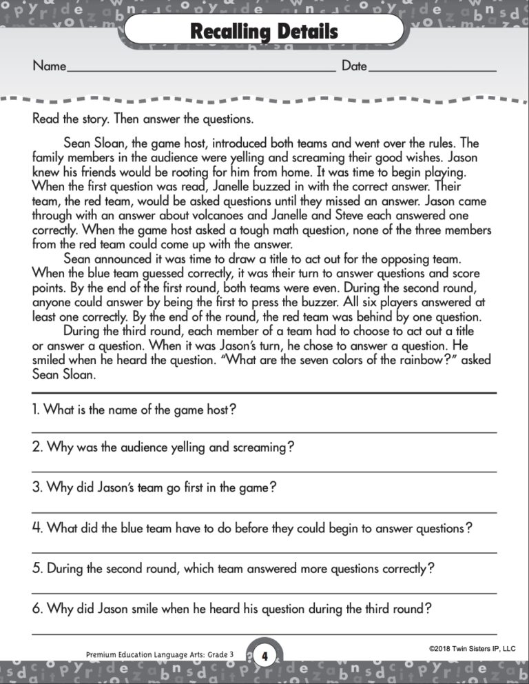 Reading Comprehension Language Arts Printable Workbook For Grade 3