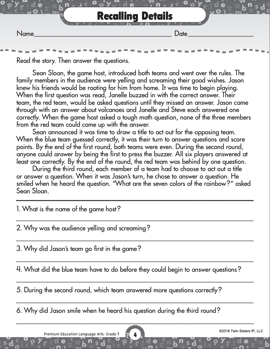 Reading Comprehension Language Arts Printable Workbook For Grade 3