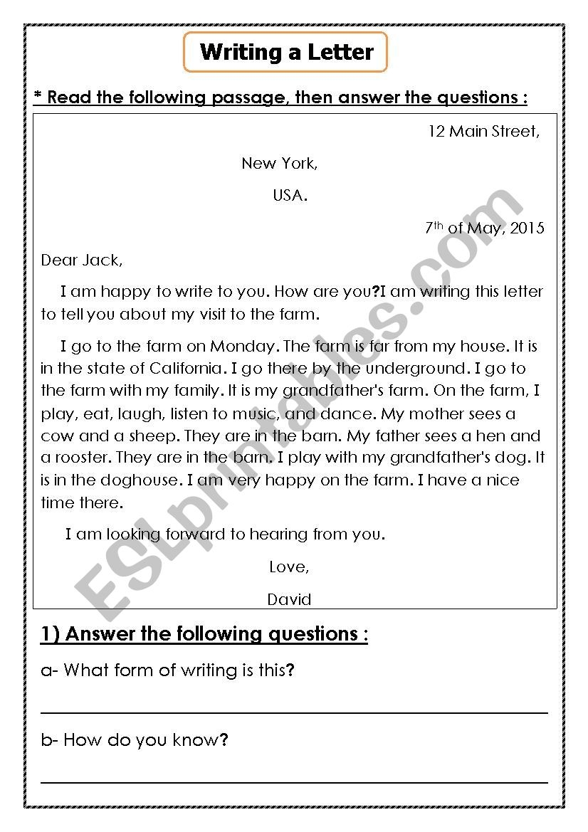 Reading Comprehension Letter ESL Worksheet By Eldaowdy