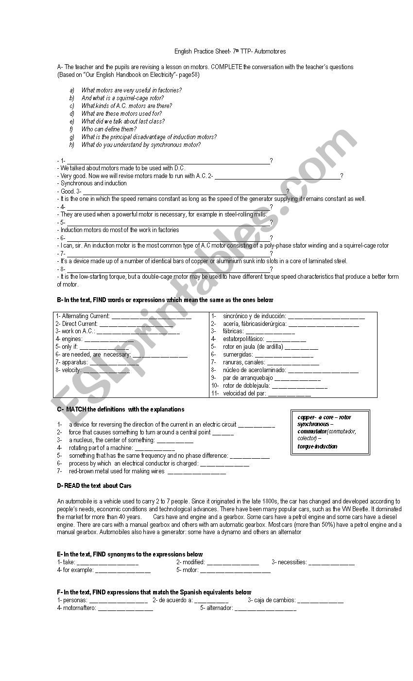 Reading Comprehension Mechanics Automobiles ESL Worksheet By Marielabus73