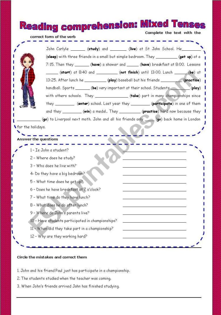Reading Comprehension Mixed Tenses ESL Worksheet By Sandramendoza
