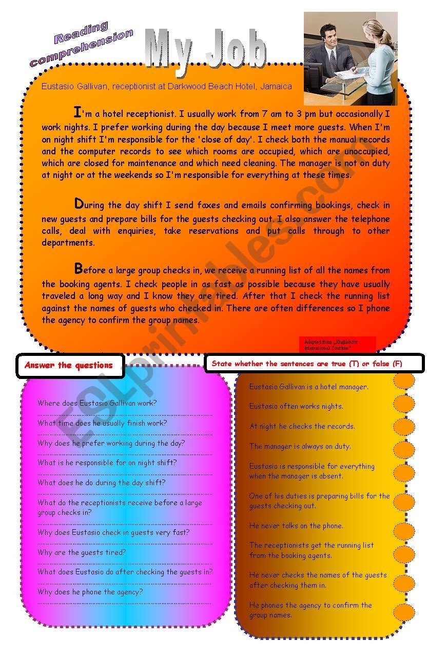 Reading Comprehension My Job ESL Worksheet By Myszunia